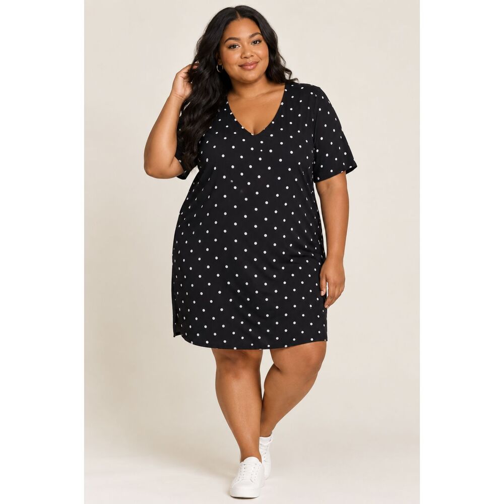 Terra Sky Plus Size 1X Black Polka Dot V-Neck Shift Dress